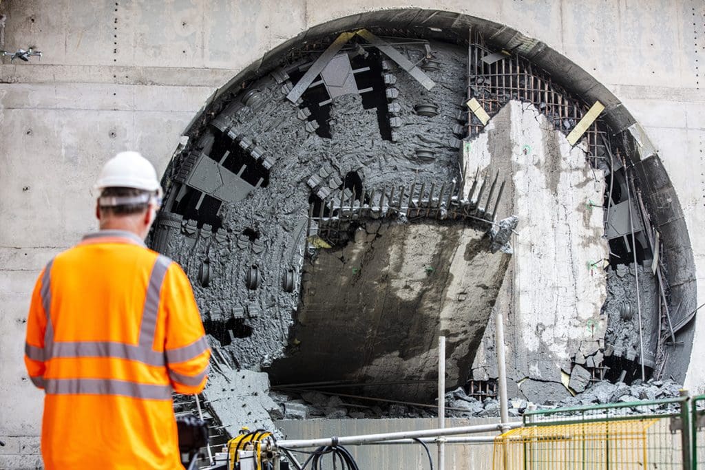 Dorothy breaks through the wall of the reception box at the South Portal site on Friday 22 July.