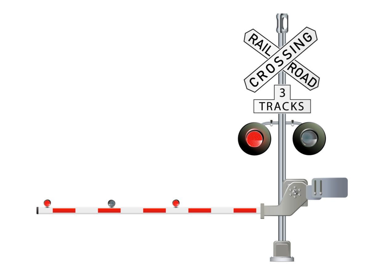 404 - Page Not Found - Road signs and railroad crossing barriers are used in the United States.traffic light, Railway barriers close isolated on white background.